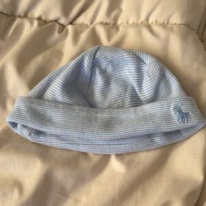 Striped Blue Kids Beanie hat. Can fit 0 to 6 months.